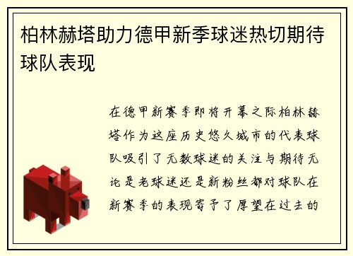 柏林赫塔助力德甲新季球迷热切期待球队表现